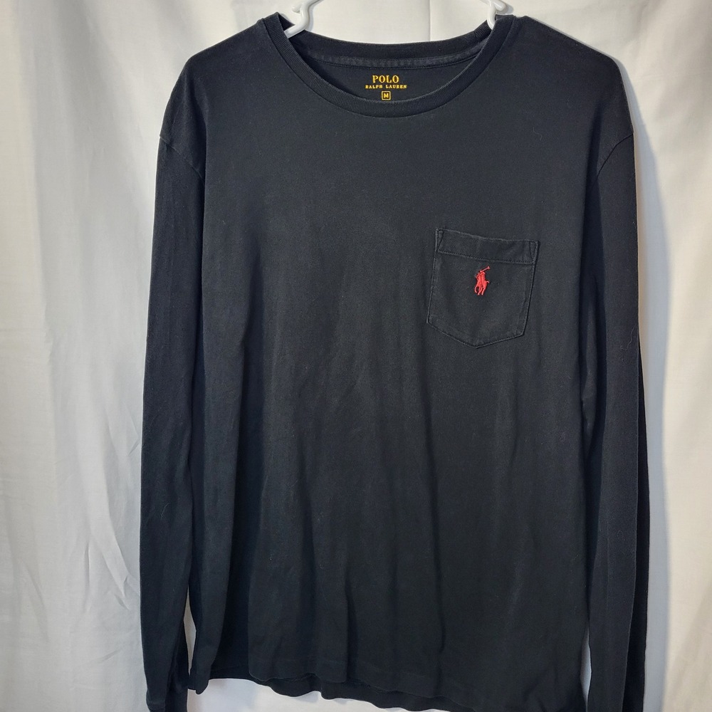 Polo Ralph Lauren Mens Long Sleeve Pocket T-Shirt Black Red‎ Pony Logo Size M
